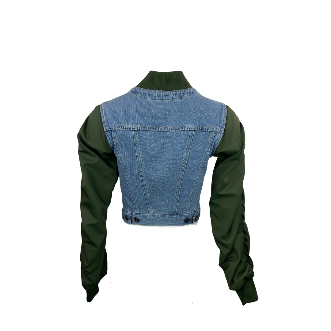 Veronica Beard Cropped Denim Jacket with Green Bomber Sleeves