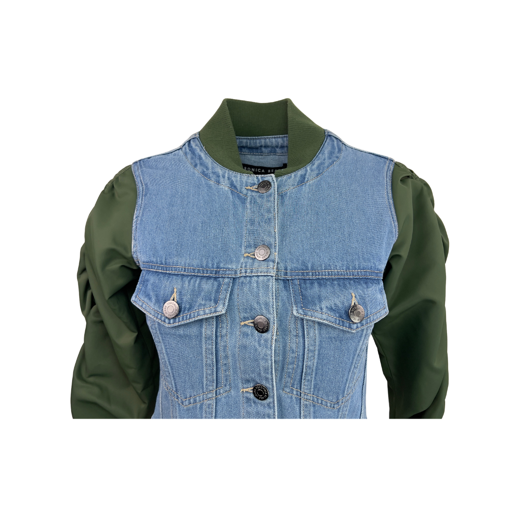 Veronica Beard Cropped Denim Jacket with Green Bomber Sleeves