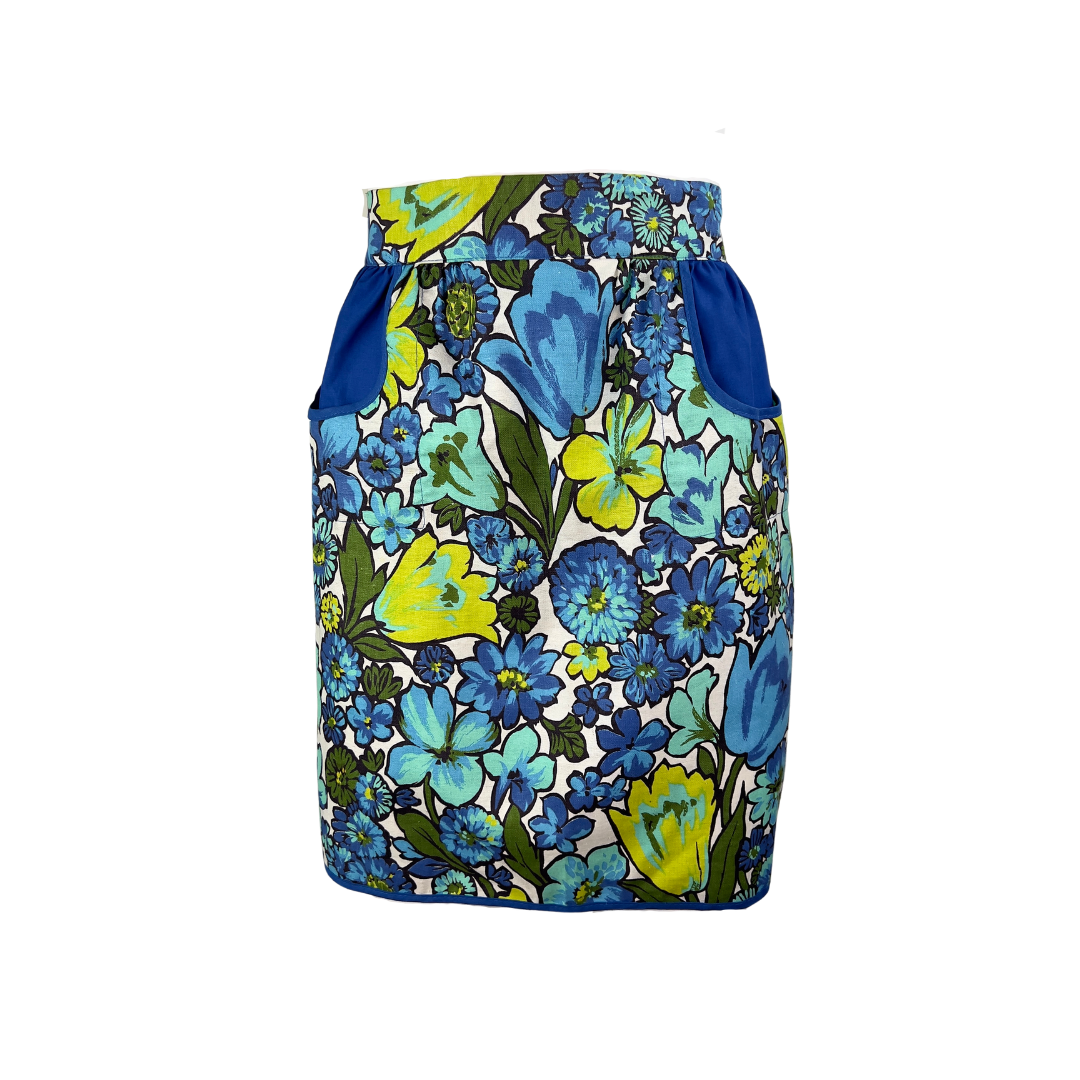 Green and Blue Floral Retro Half Apron