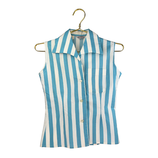 Vintage 60's Blue and White Sleeveless Collared Blouse