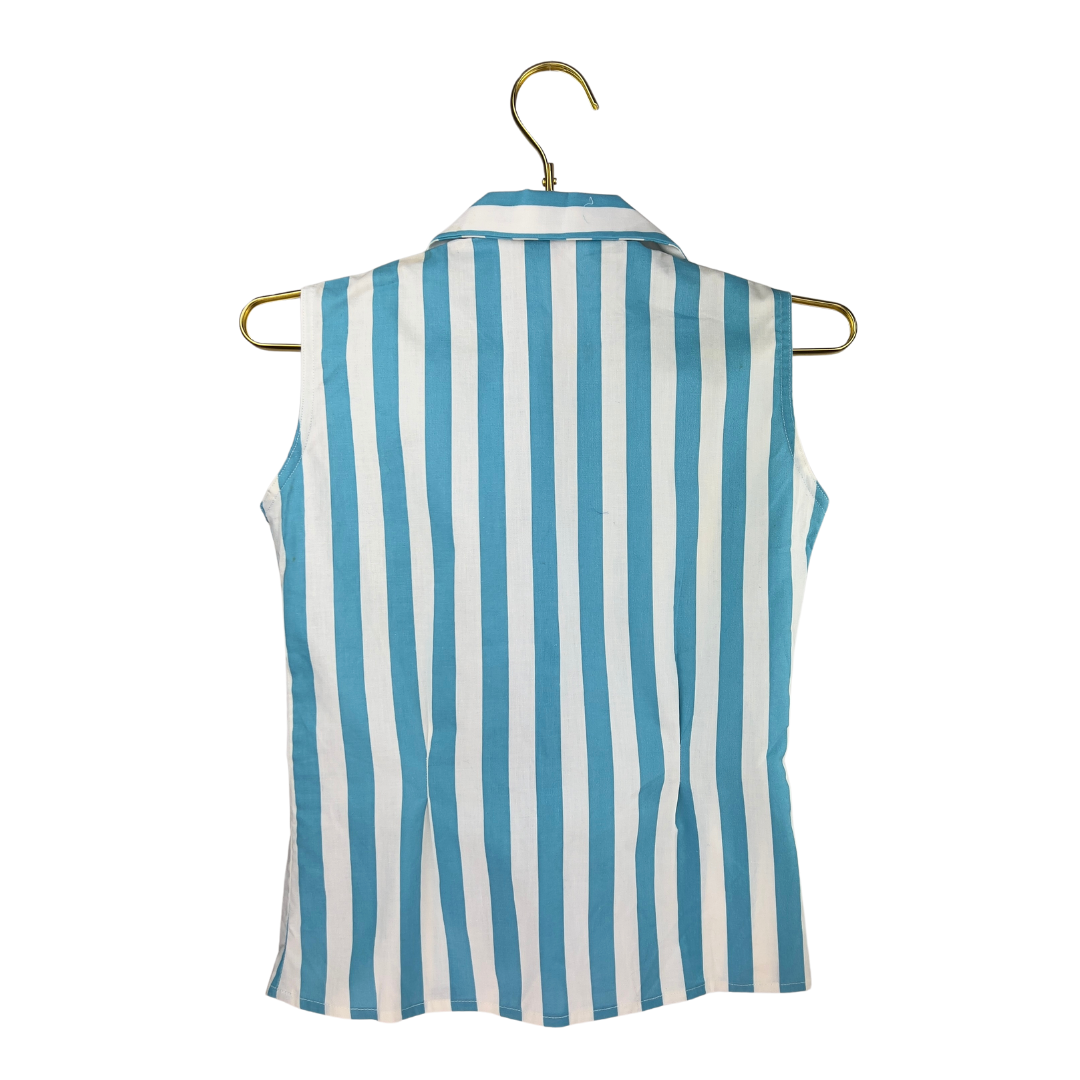 Vintage 60's Blue and White Sleeveless Collared Blouse