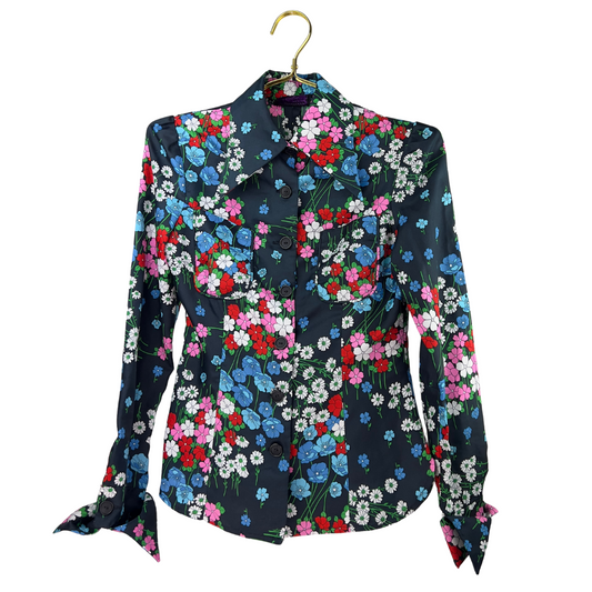 Vintage 70's Floral Button Up Blouse with Navy, Red, Blue and White Flowers