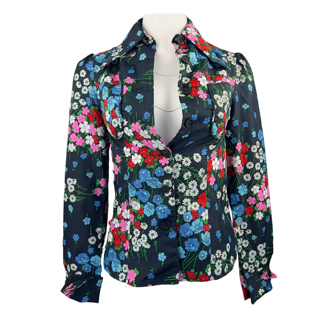 Vintage 70's Floral Button Up Blouse with Navy, Red, Blue and White Flowers