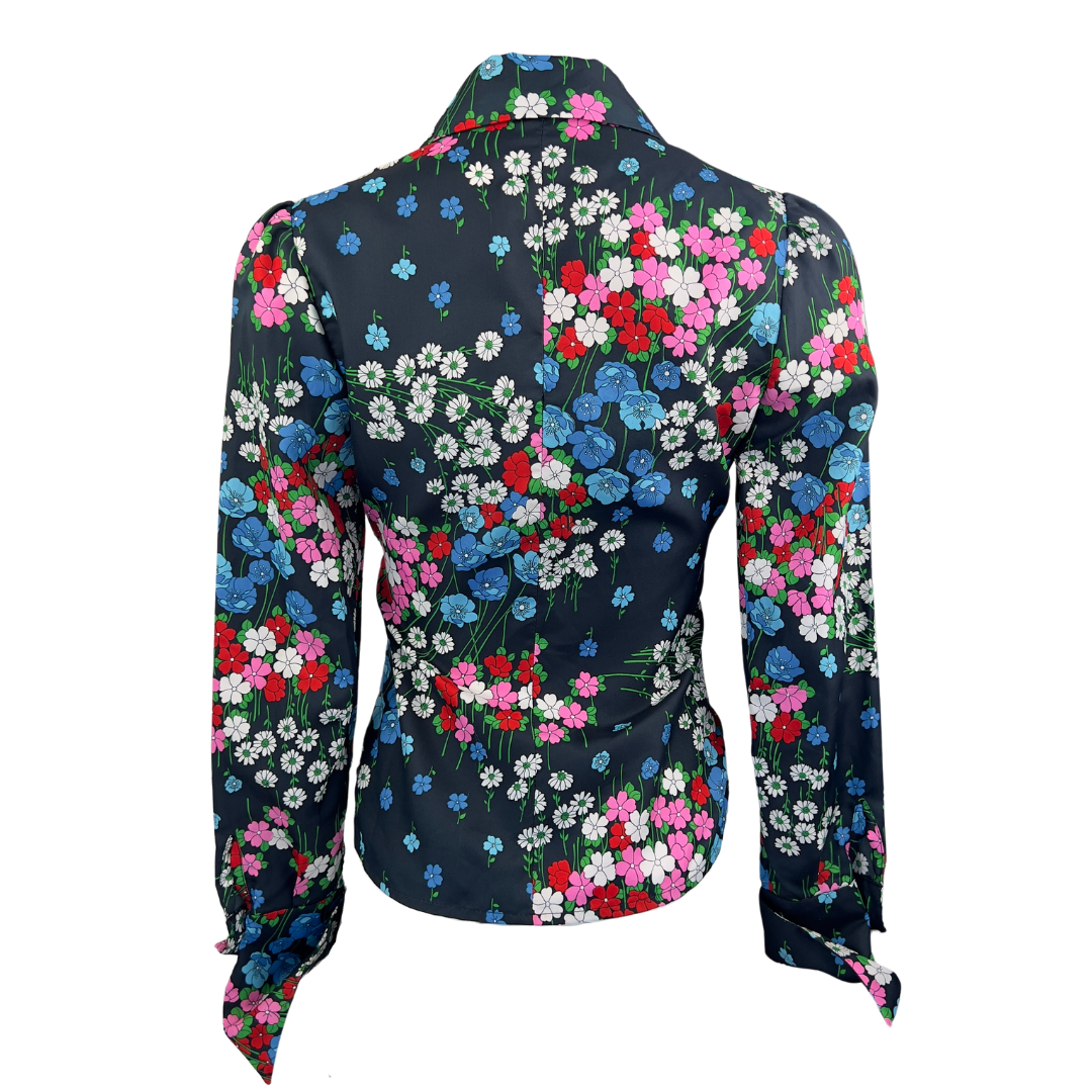 Vintage 70's Floral Button Up Blouse with Navy, Red, Blue and White Flowers