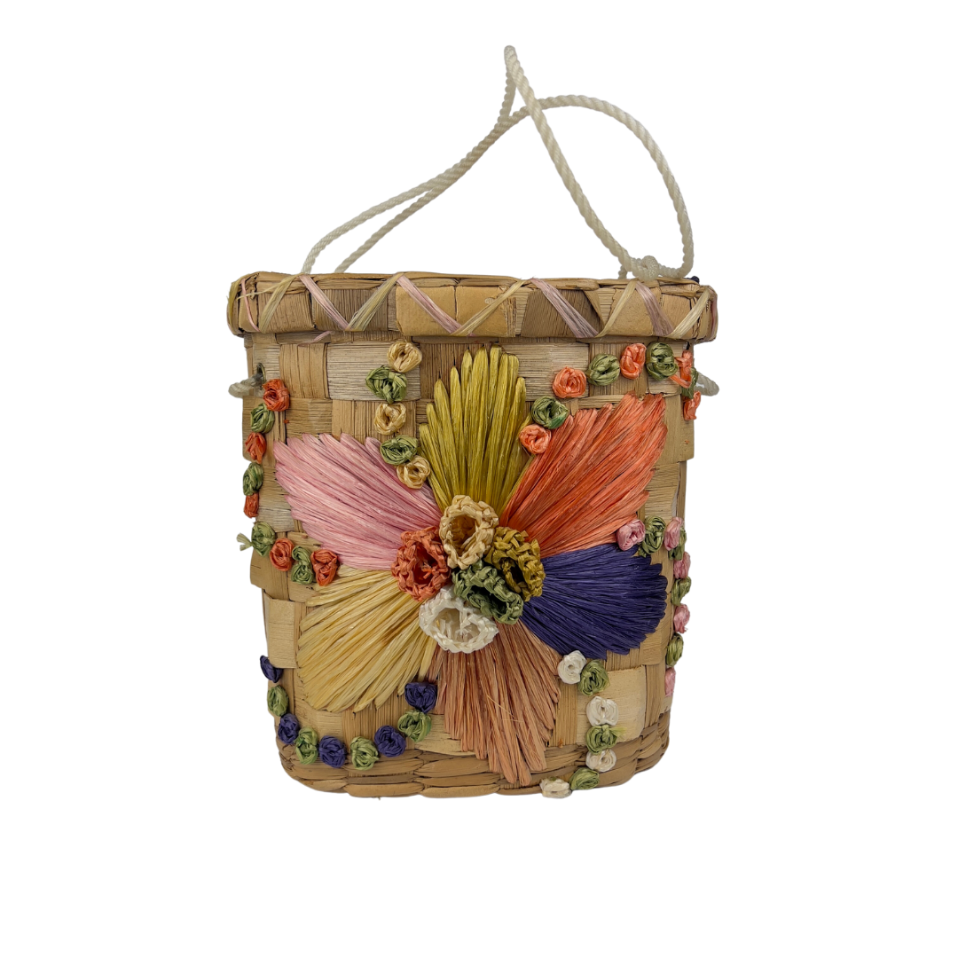 70's Basket Bag with Floral Embroidery