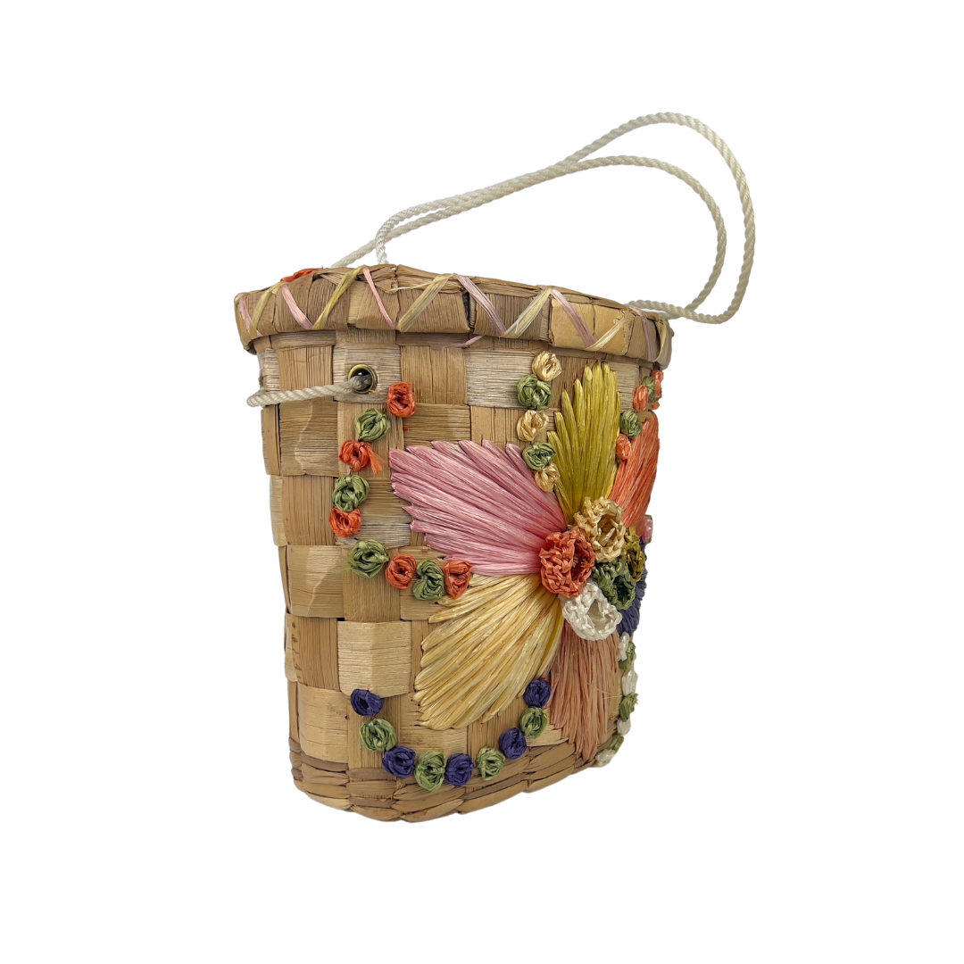 70's Basket Bag with Floral Embroidery