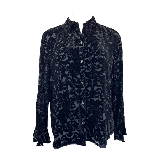 Laura Ashley Black Devore Blouse with Ruffle Cuffs