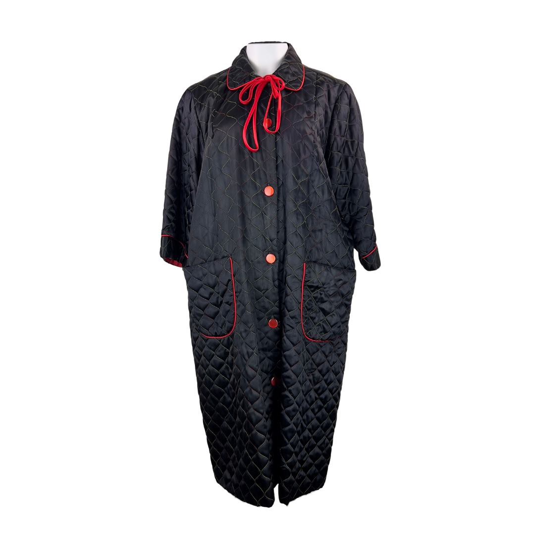 Vintage Black Quilted House Coat with Rainbow Thread and Red Trim