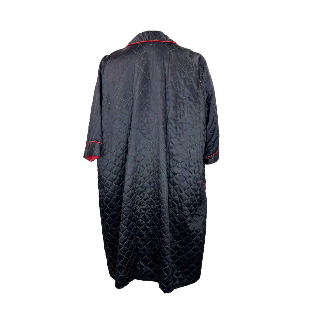 Vintage Black Quilted House Coat with Rainbow Thread and Red Trim