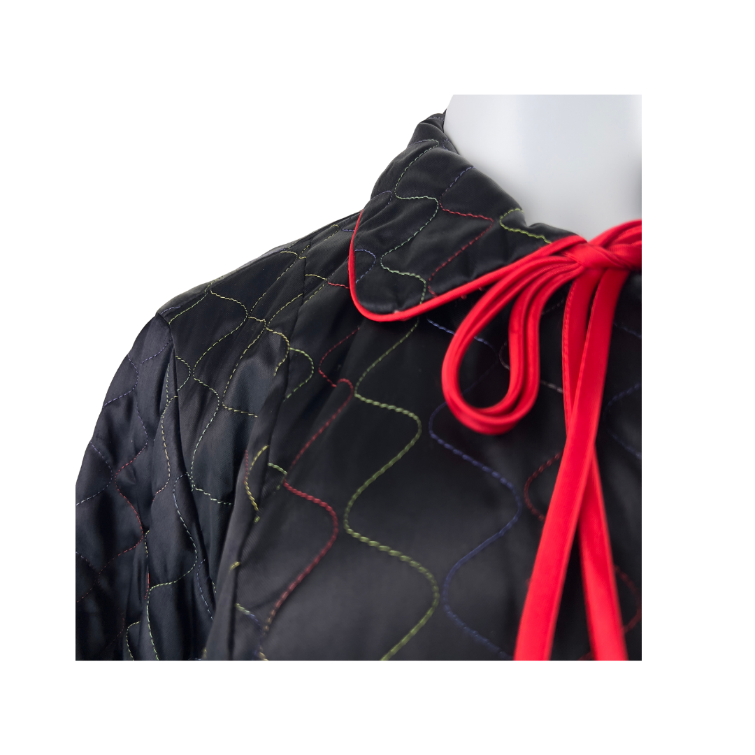Vintage Black Quilted House Coat with Rainbow Thread and Red Trim