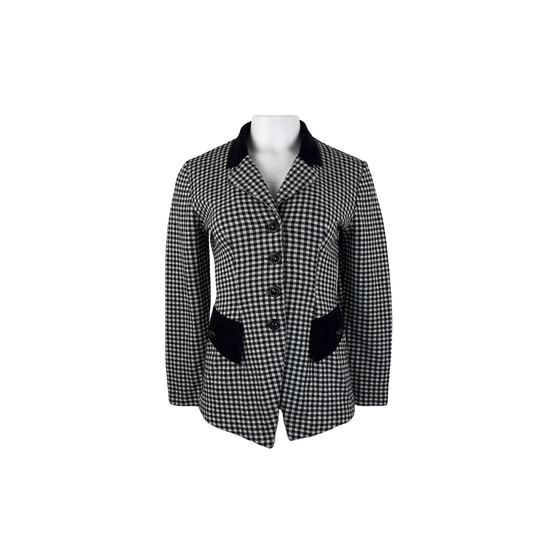 Vintage Black and White Check Soft Blazer with Black Top Collar