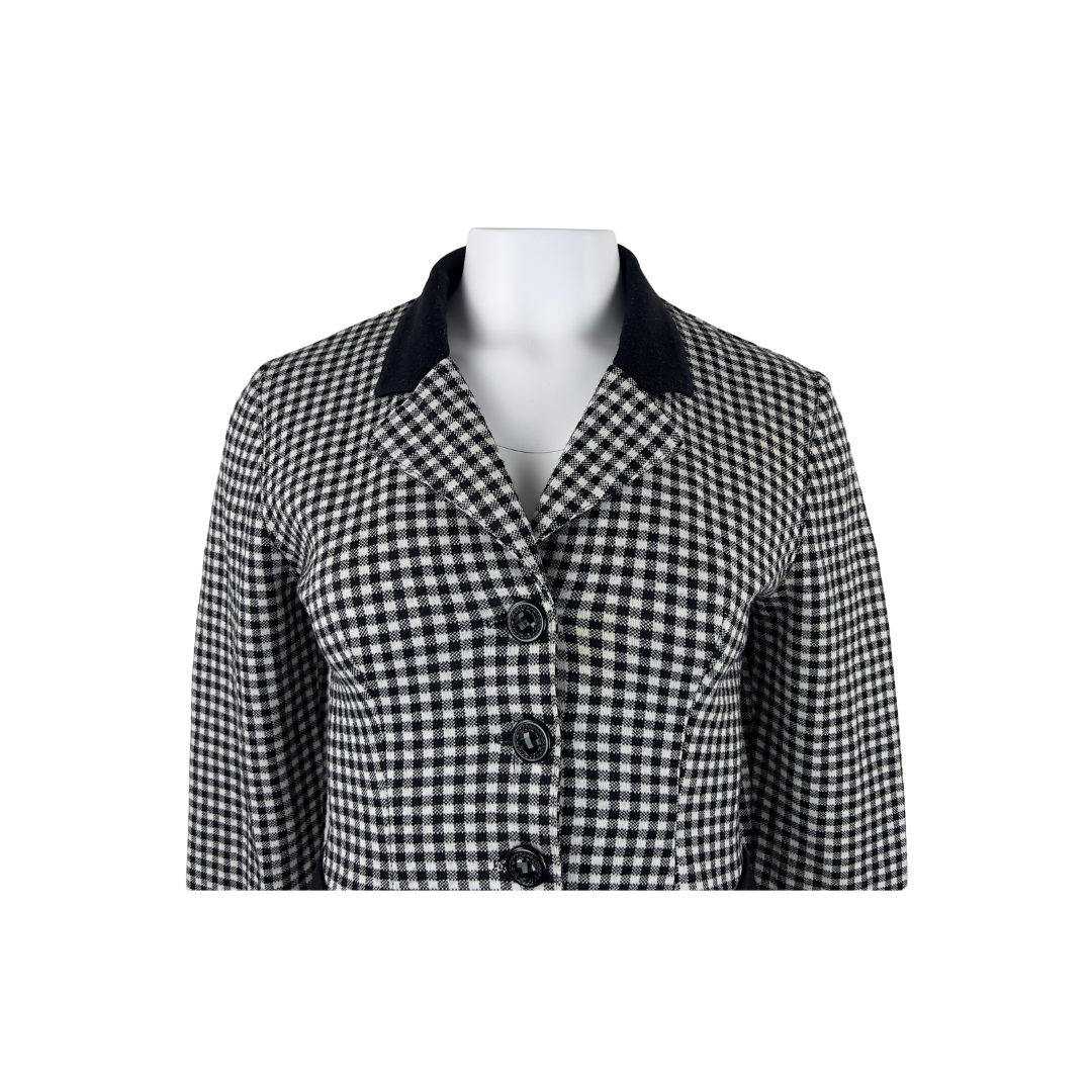 Vintage Black and White Check Soft Blazer with Black Top Collar