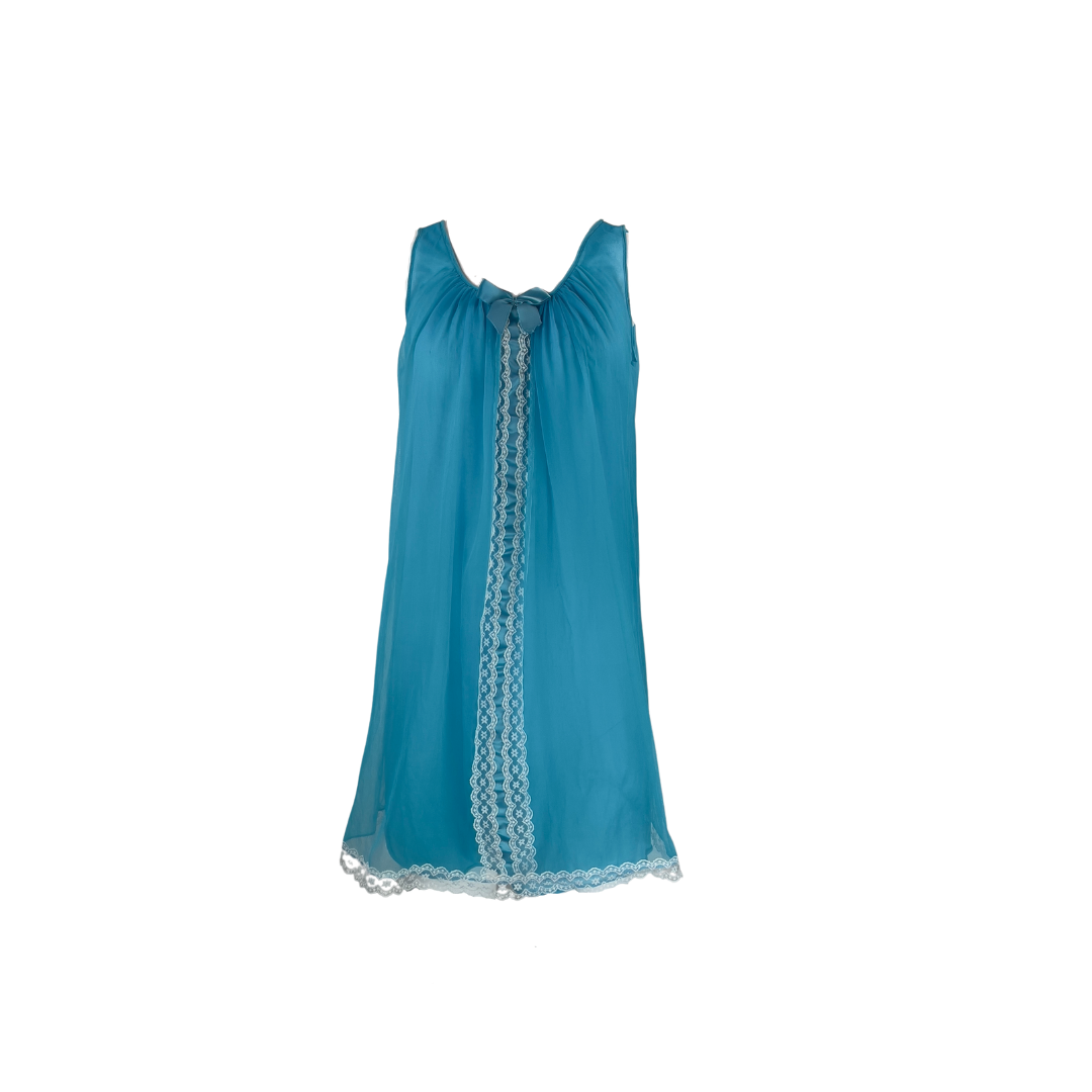 Sleeveless Short Blue Nightgown with Lace down Front and on Hem