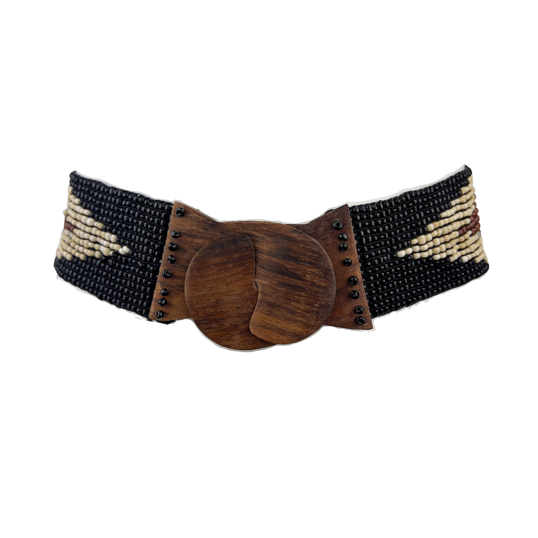 Beaded Elasticated Belt with Wooden Clasp