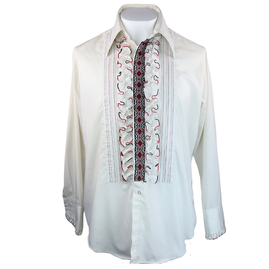 Vintage Cream After Six Tuxedo Shirt with Red and Black Embroidery