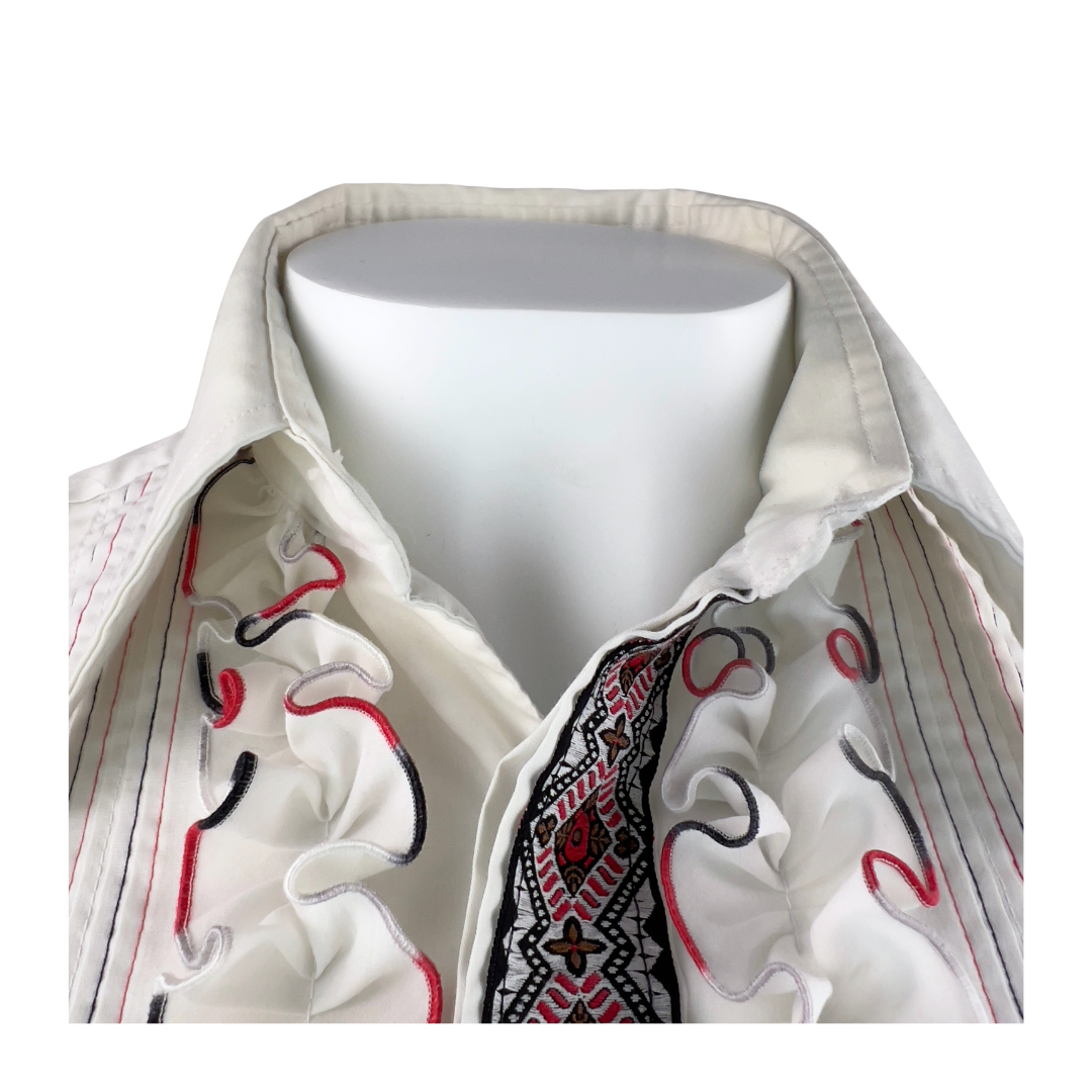 Vintage Cream After Six Tuxedo Shirt with Red and Black Embroidery