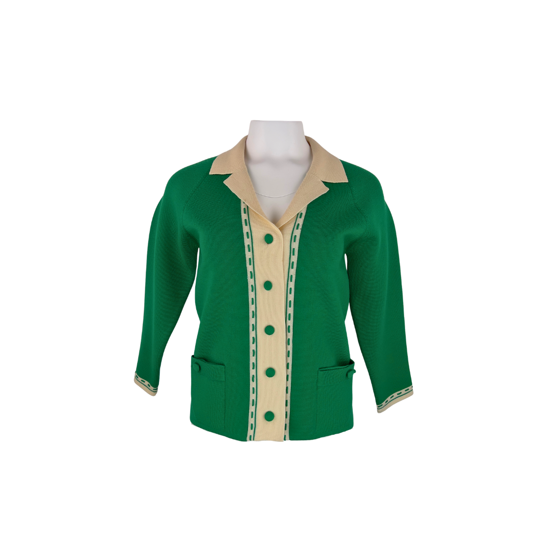 60's Green Cardigan with Topstiching and Cream Collar