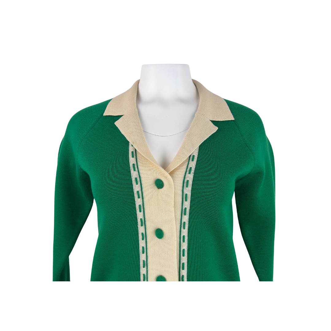 60's Green Cardigan with Topstiching and Cream Collar