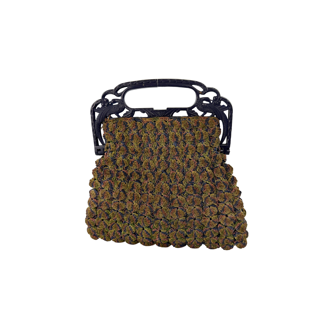 Vintage Frame Clutch in Green Knit with Blue Plastic Handle