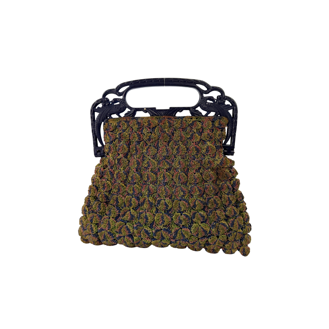 Vintage Frame Clutch in Green Knit with Blue Plastic Handle