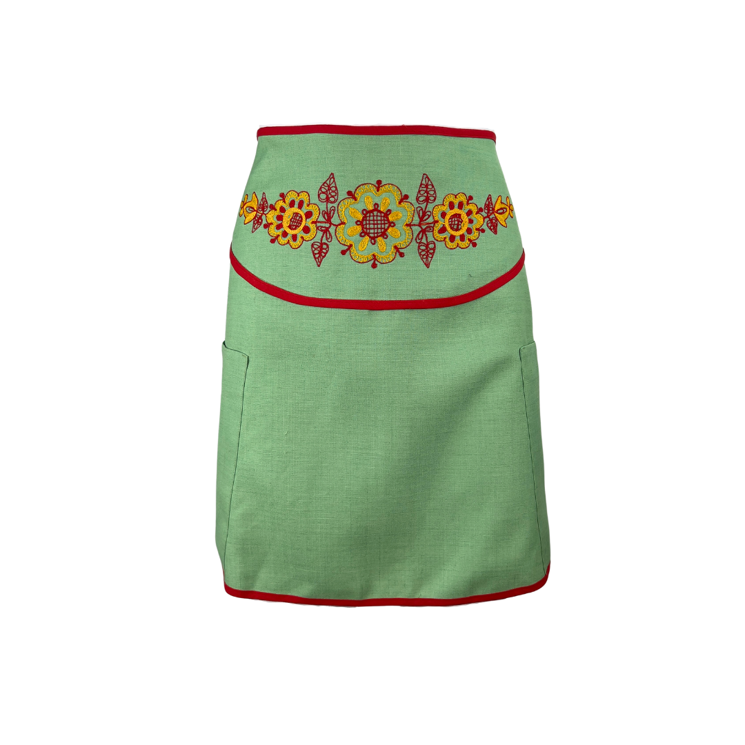 Vintage Green Linen Half Apron with Red Floral Embroidery