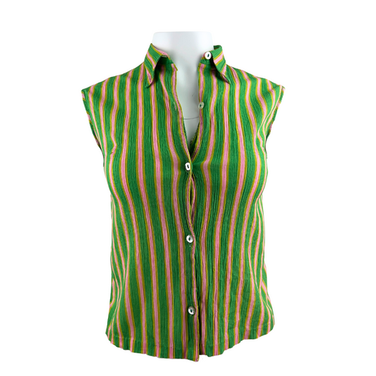 Vintage Sleeveless Blouse In Green and Pink Stripes