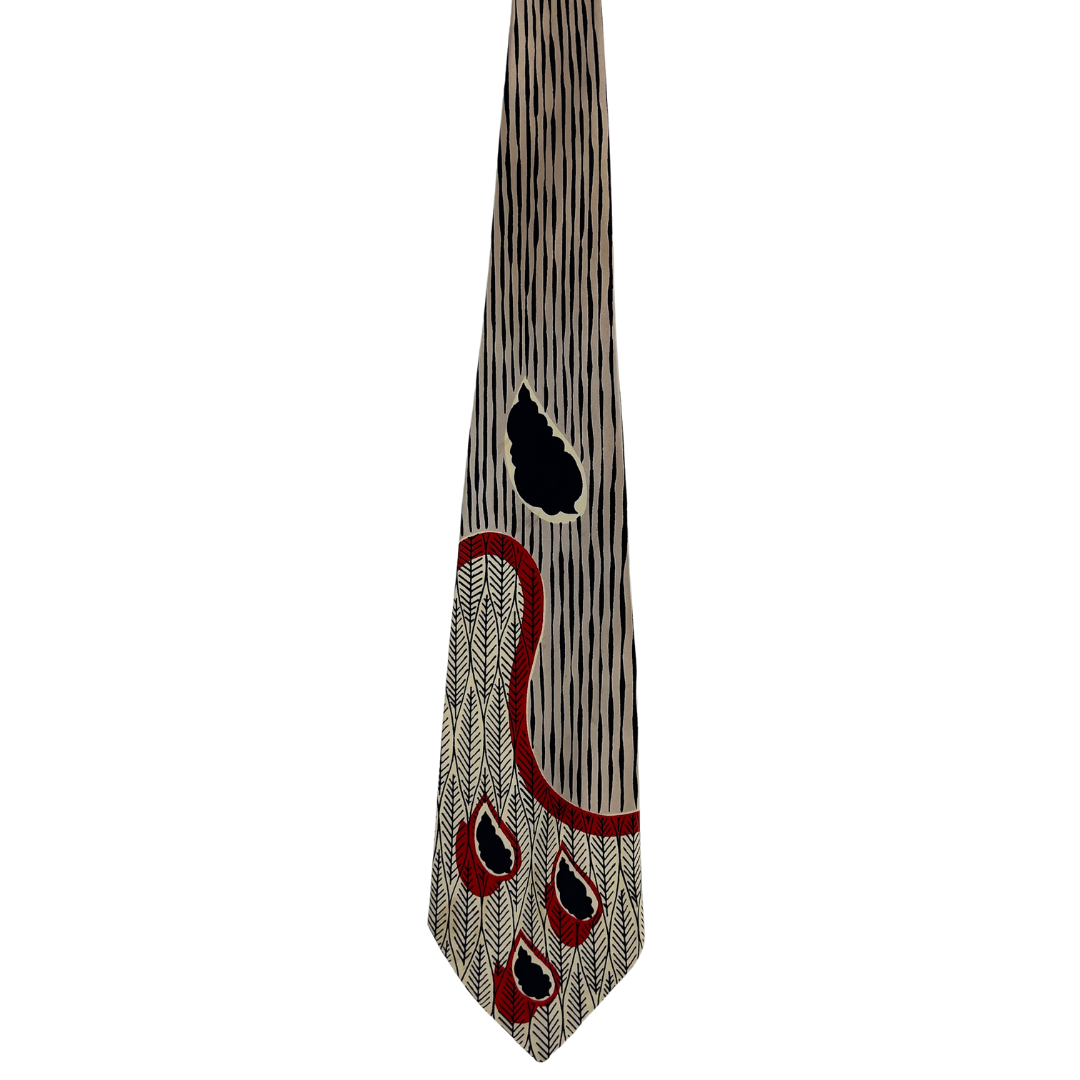 Vintage Bluestone Silk Tie Grey with Navy Leaves and Red Swirl