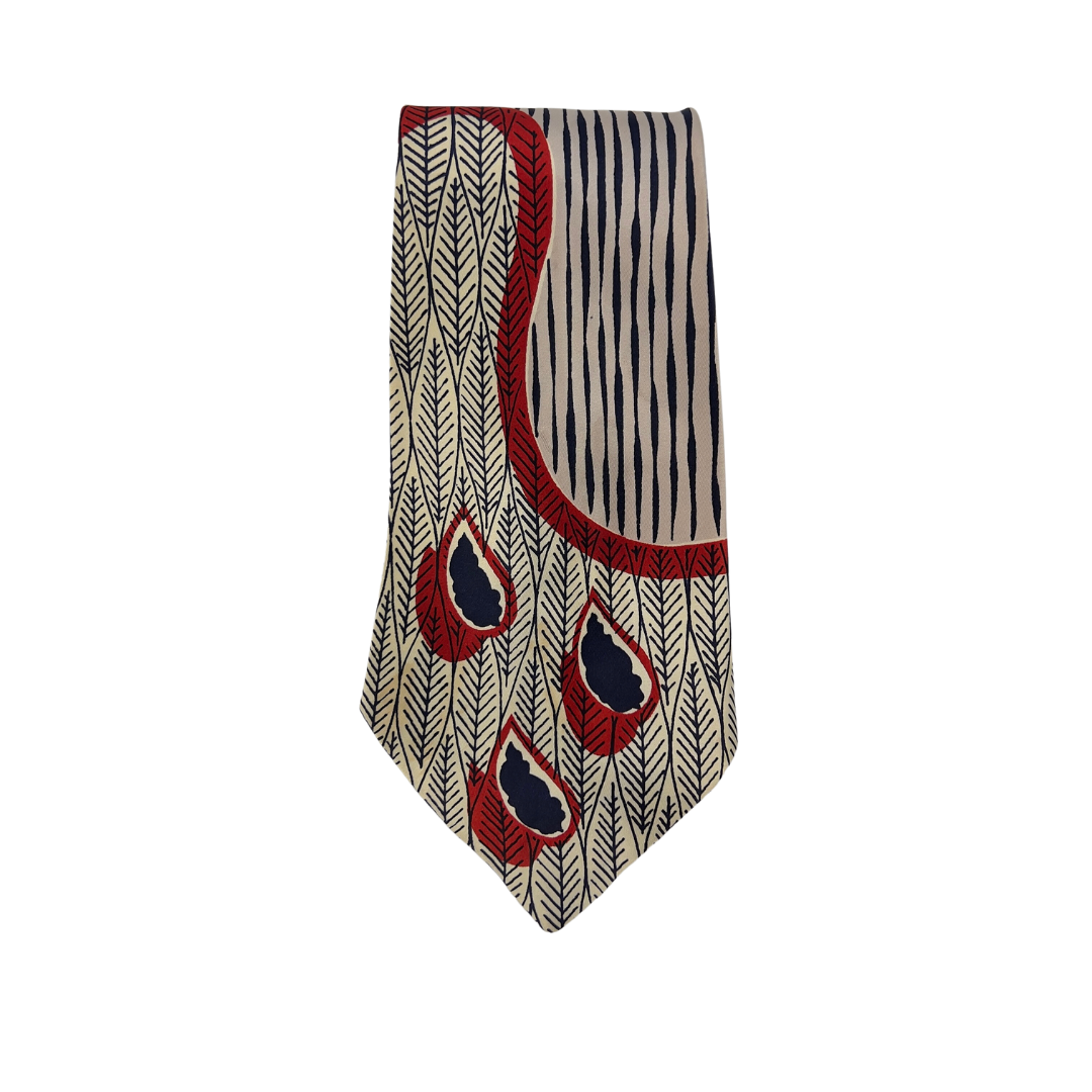 Vintage Bluestone Silk Tie Grey with Navy Leaves and Red Swirl