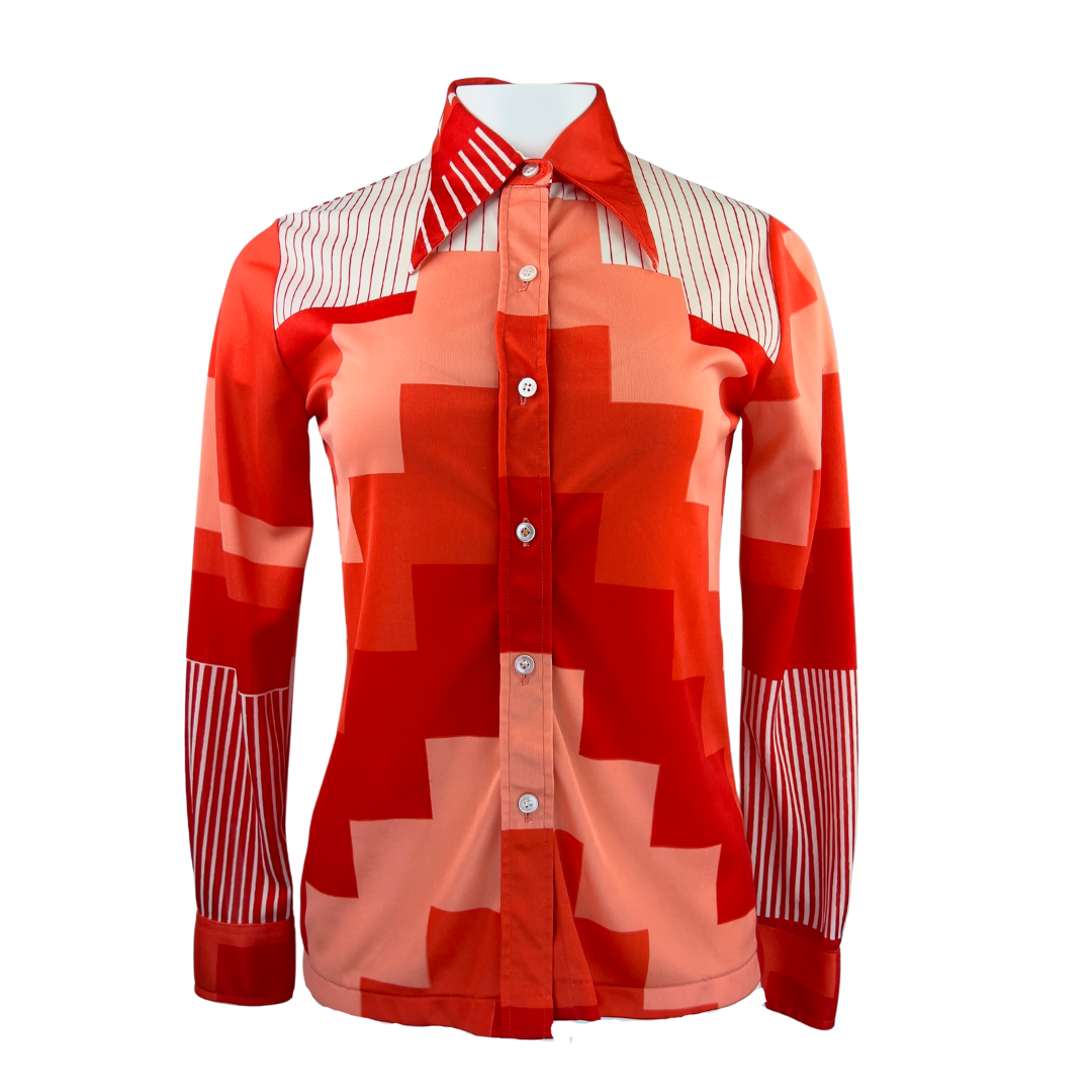 Vintage 70's Orange, Peach and White Button Up Long Sleeve