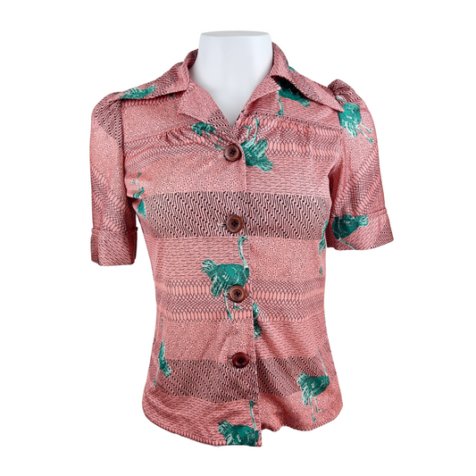 Vintage Short Sleeve Pink Blouse with Ostriche Print