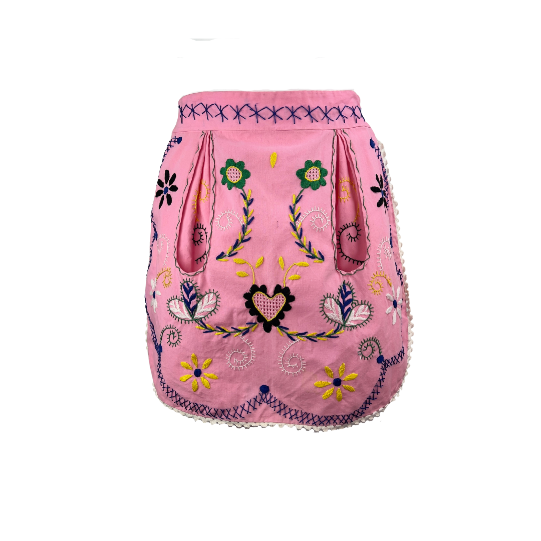 Vintage Pink Half Apron with Heart Embroidery