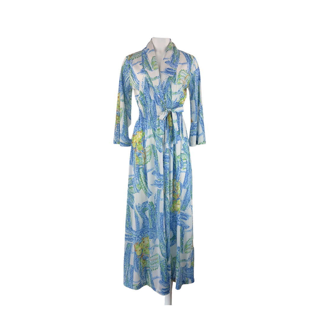 Vintage Polyester Robe in White with Green and Blue Organic Print