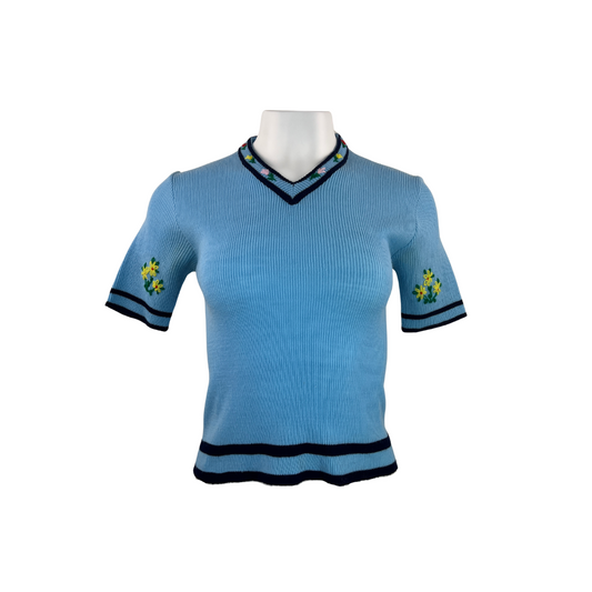 Vintage Short Sleeve V Neck Blue Sweater