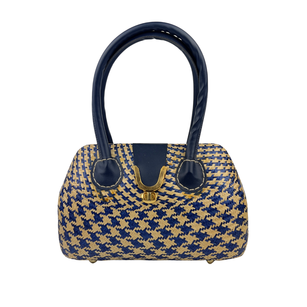 Vintage Woven Straw Houndstooth Handbag
