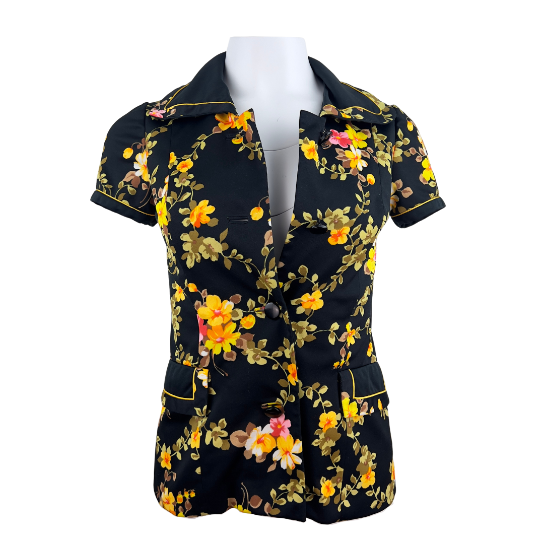 Kam Lai Black and Yellow Floral Print Short Sleeved Button Up