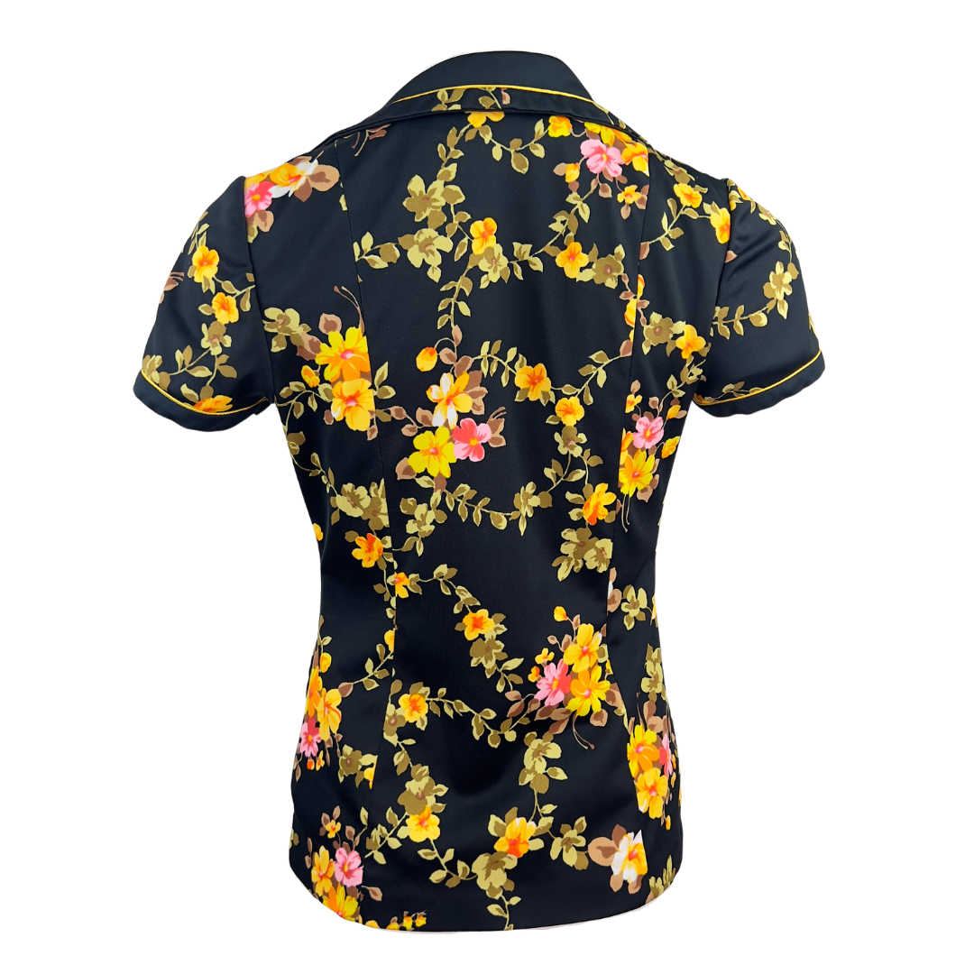 Kam Lai Black and Yellow Floral Print Short Sleeved Button Up