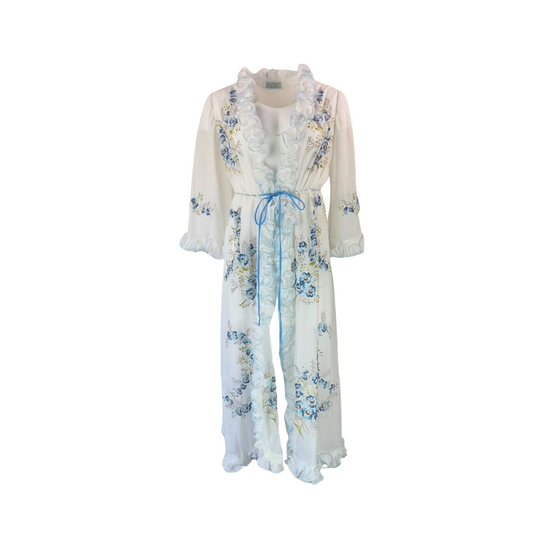 Vintage White Cotton Dressing Gown with Blue Floral Embroidery