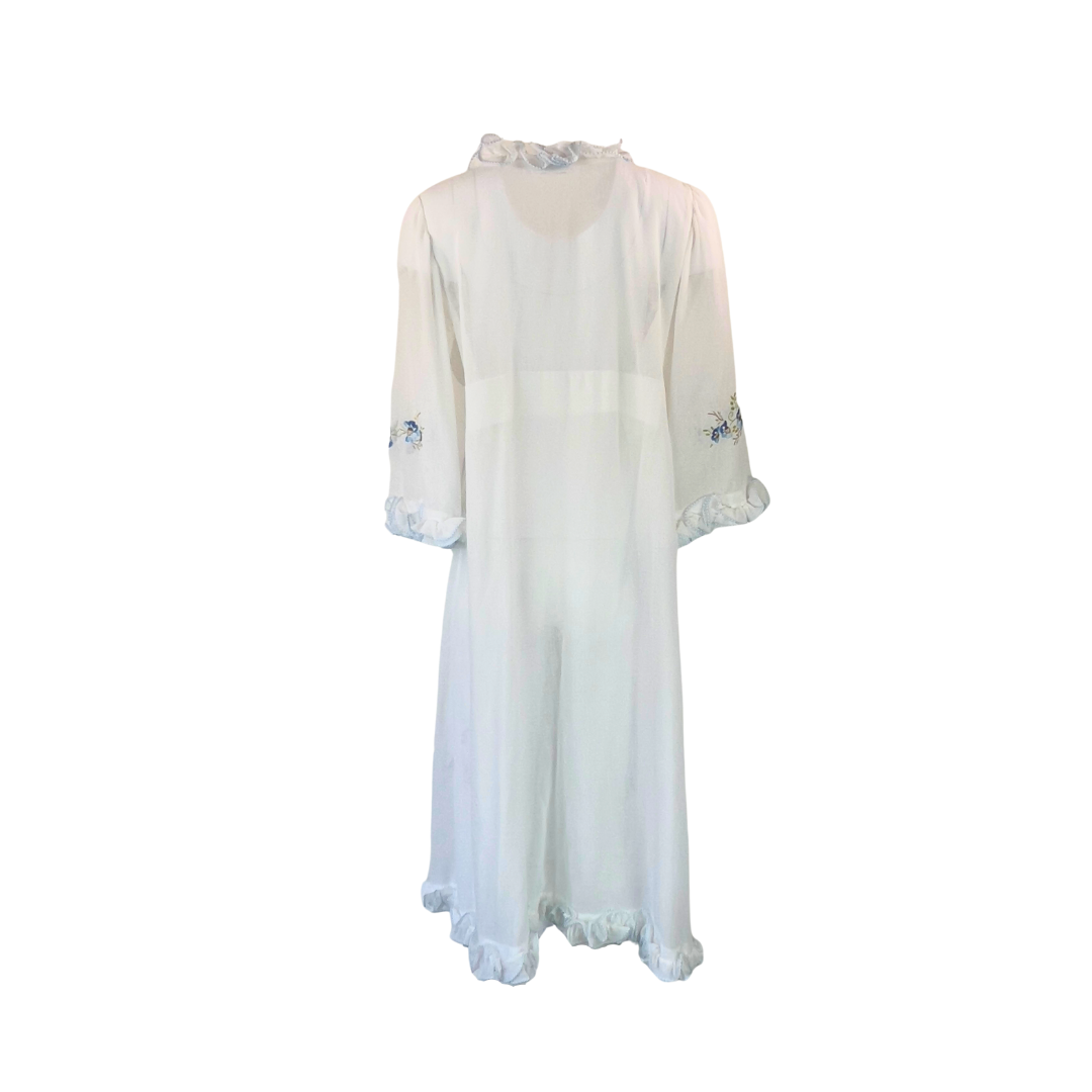Vintage White Cotton Dressing Gown with Blue Floral Embroidery