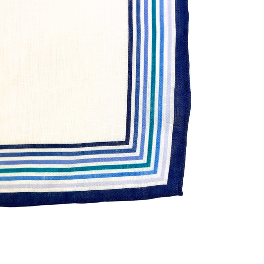 White Linen Pocket Square with Blue Stripe Border