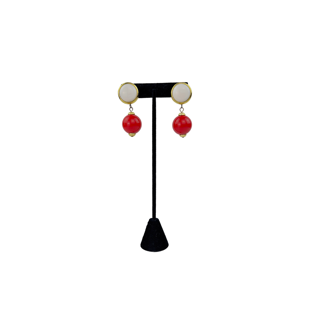 Vintage White and Red Circle Drop Earrings