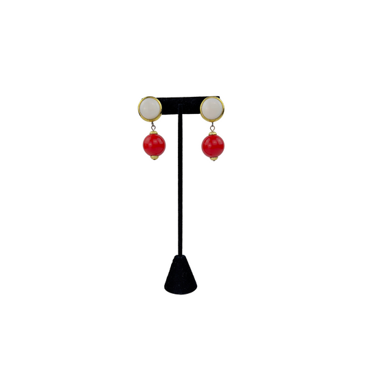 Vintage White and Red Circle Drop Earrings