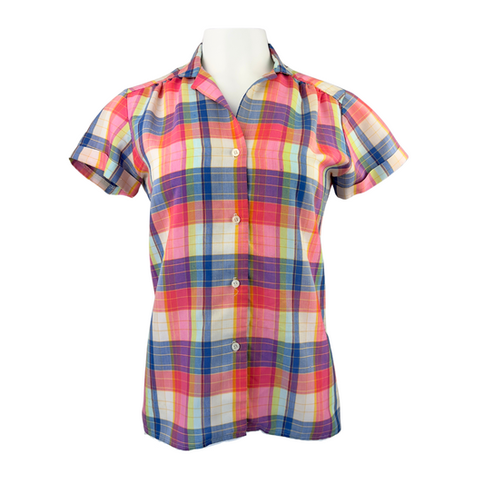 White Stag Vintage Bold Pink and Navy Plaid Short Sleeve Button Up