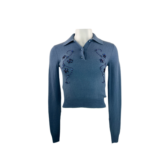 Wilfred Long Sleeve Cashmere Polo with Blue Sequin Floral Applique