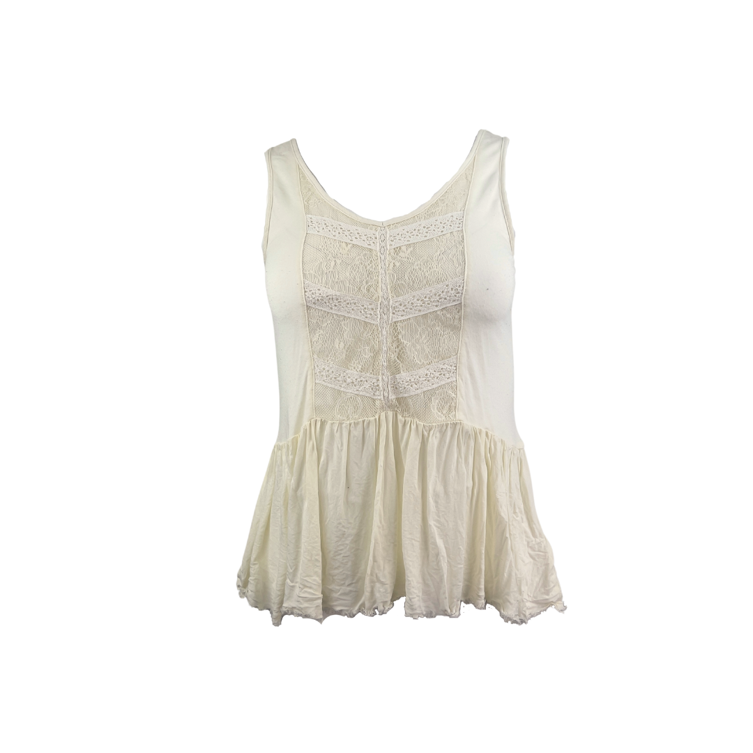 Kimchi Blue Beige Tank with Lace Panel and Ruffle Hem
