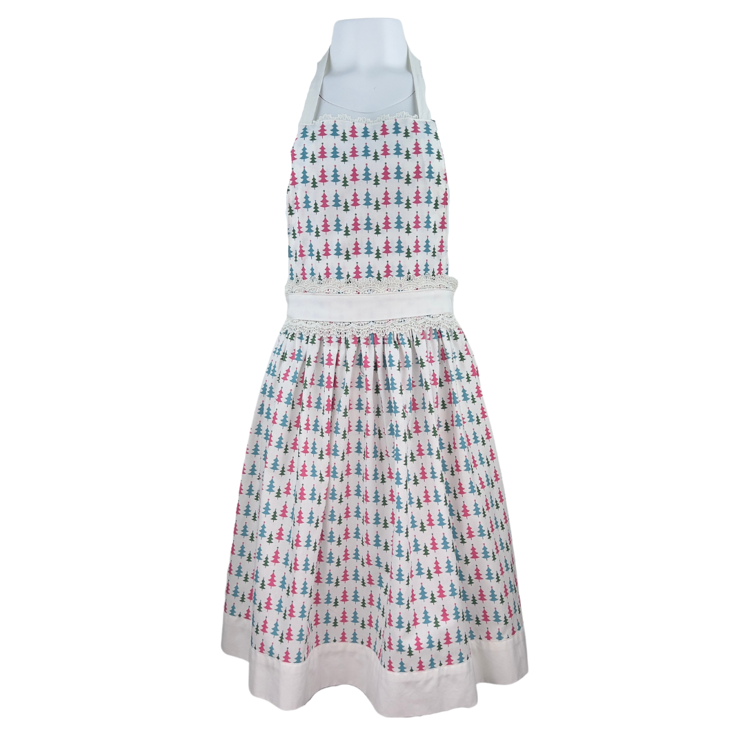 Christmas Tree Bib Apron in White with Pink and Blue