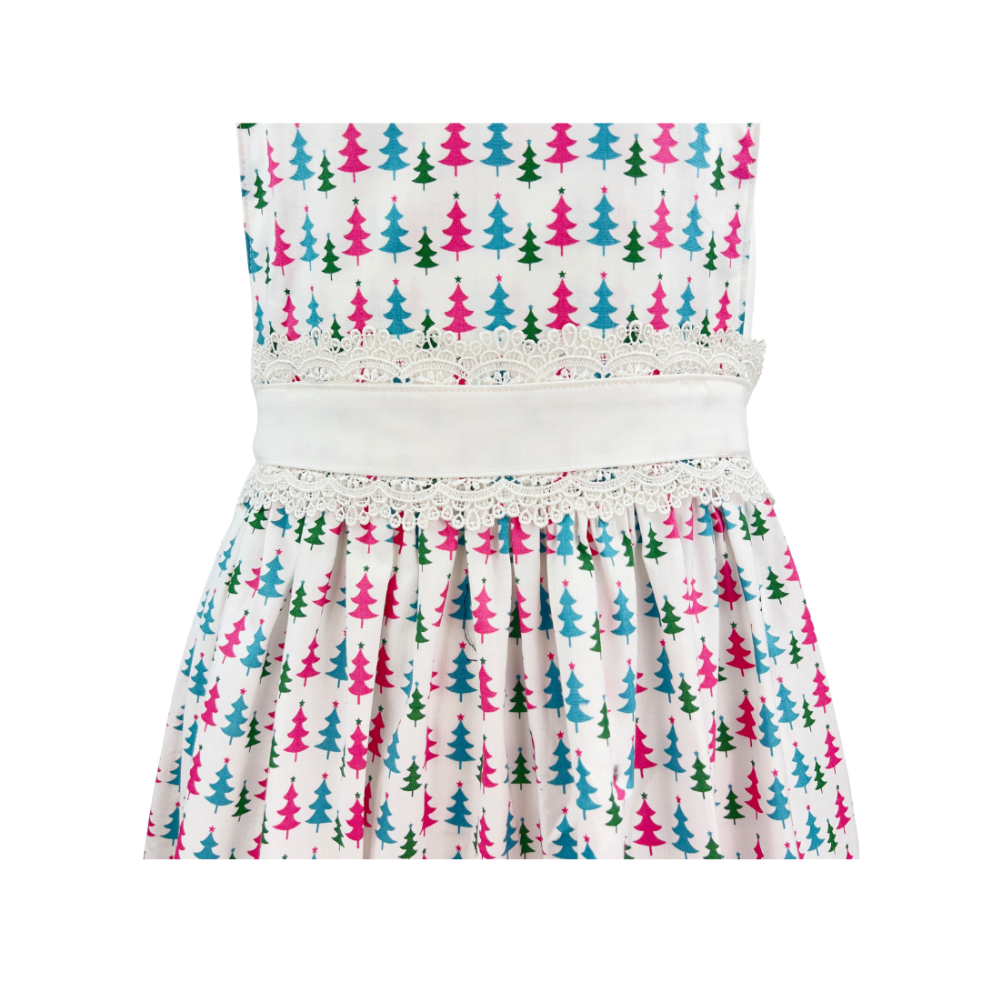 Christmas Tree Bib Apron in White with Pink and Blue