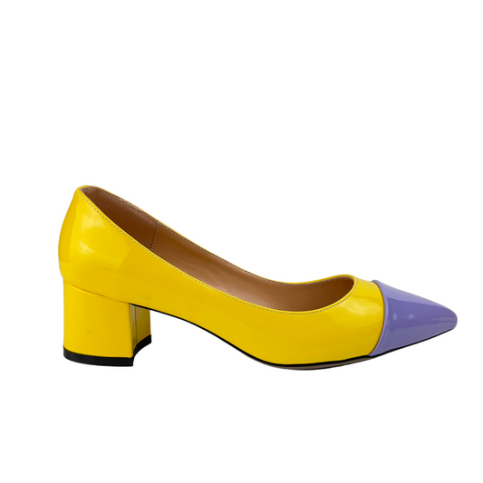 Yellow and Purple Patent Block Heel