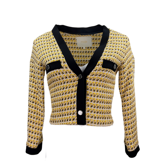 Yellow Tweed Cropped Maje Blazer with Black Trim