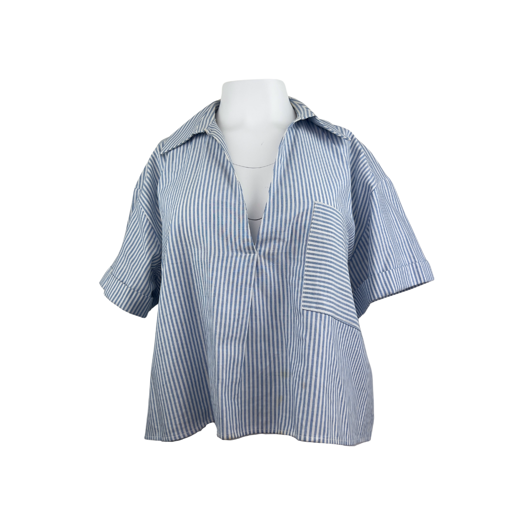 Zara Cropped Short Sleeve Blue and White Striped Blouse