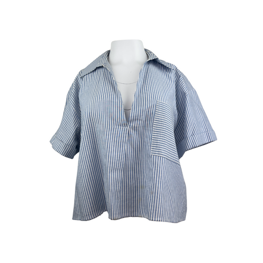 Zara Cropped Short Sleeve Blue and White Striped Blouse